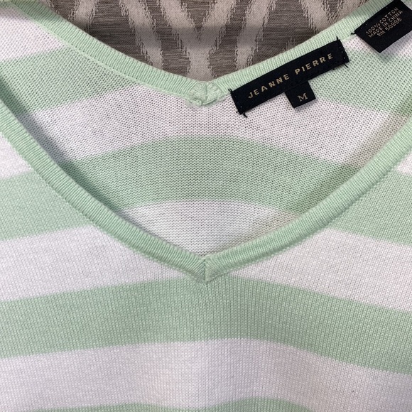 Jeanne Pierre Sweater 100% Cotton V-Neck Teal & White Chevron 3/4 Sleeves Medium - Picture 4 of 4